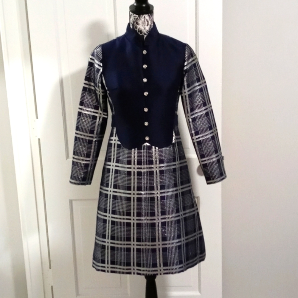 💙VTG 1960s Oscar de la Renta💙 - Navy Silk & Silver Metallic Plaid Mod Dress